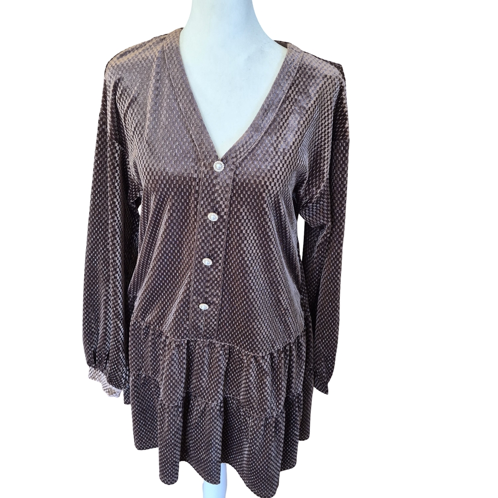 NWT Elegant Brown V-Neck Button-Up Midi Dress